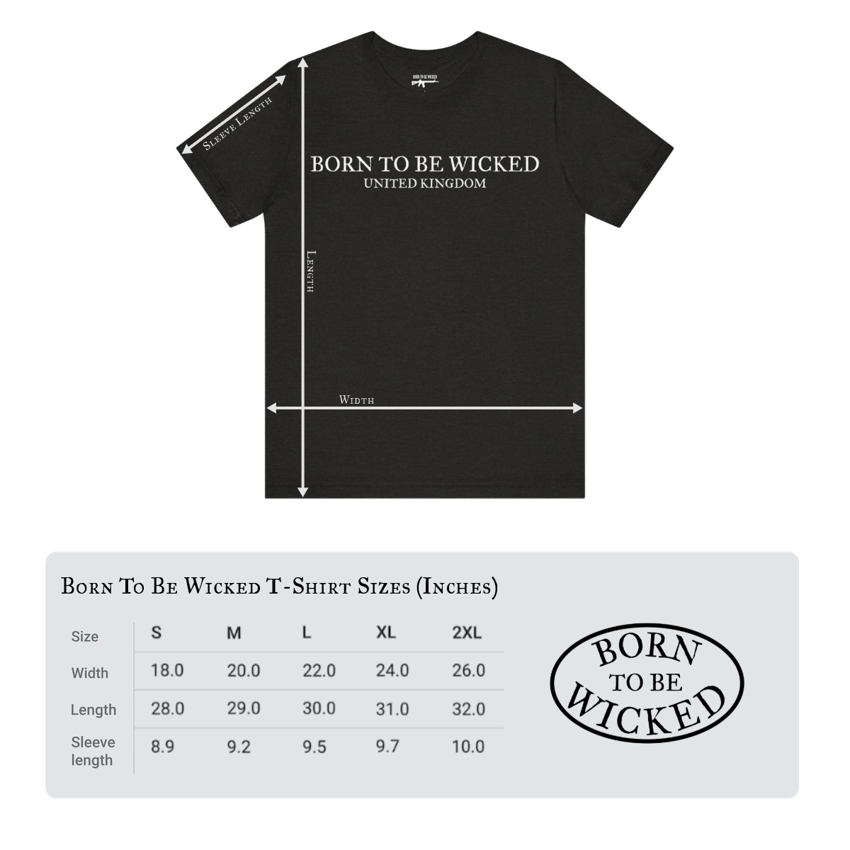 Size guide for born to be wicked tactical t shirts and military apparel clothing